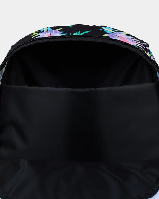 Black backpack with colorful floral pattern on top against a white background