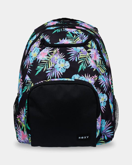 Backpack with colorful floral pattern on a white background