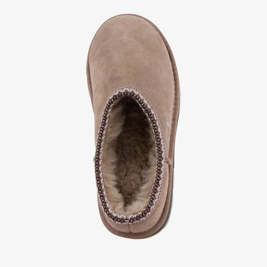 Brown suede slipper with fur trim on a white background