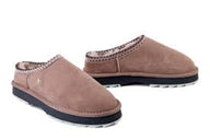 Pair of brown slippers with fur trim on a white background