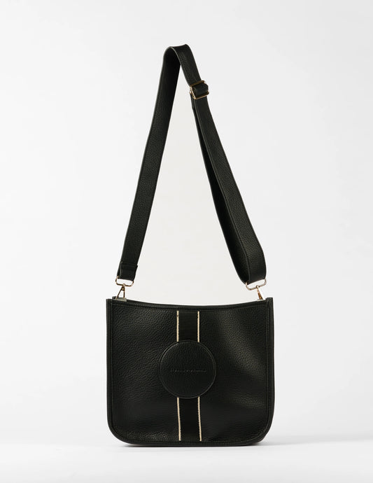 Black handbag with a strap on a white background