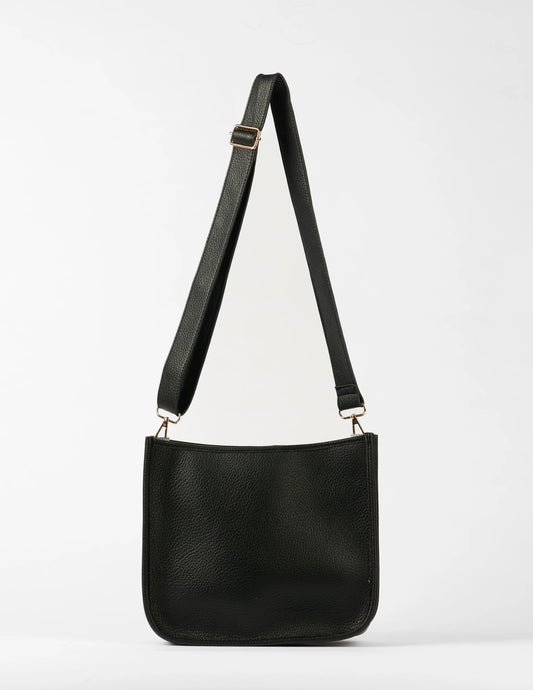 Black leather shoulder bag with a strap on a white background