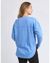 blue crew sweatshirt with foxwood logo on front chest 