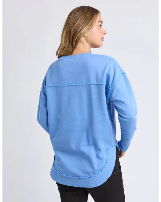 blue crew sweatshirt with foxwood logo on front chest 