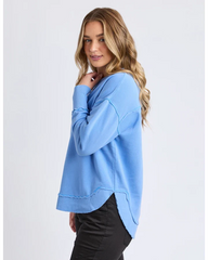 blue crew sweatshirt with foxwood logo on front chest 