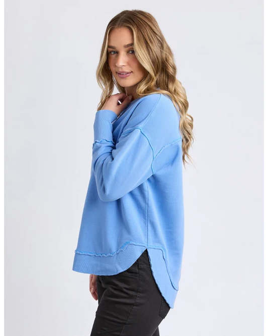 blue crew sweatshirt with foxwood logo on front chest 