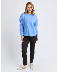 blue crew sweatshirt with foxwood logo on front chest 
