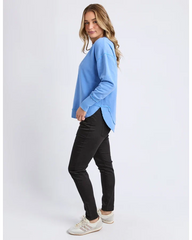 blue crew sweatshirt with foxwood logo on front chest 