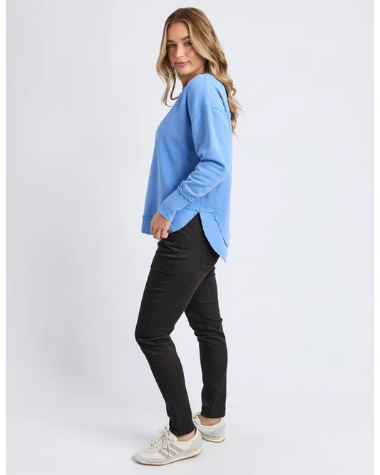 blue crew sweatshirt with foxwood logo on front chest 