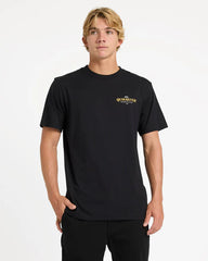 Man wearing a black Quiksilver t-shirt on a white background