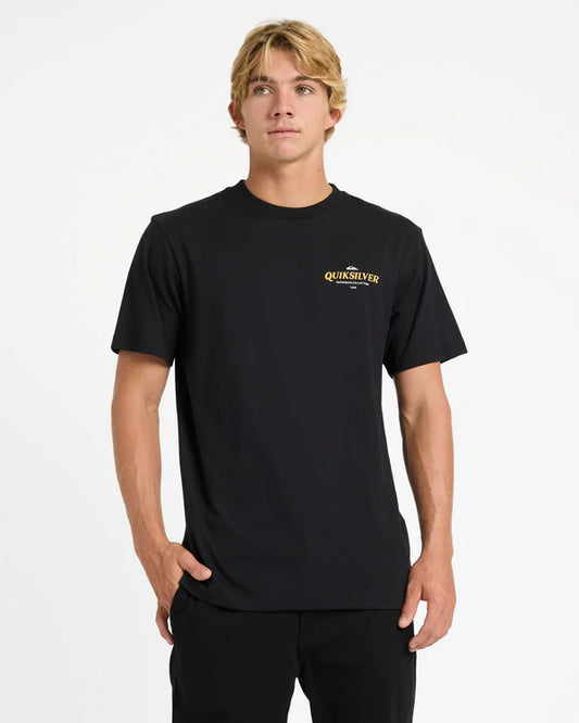 Man wearing a black Quiksilver t-shirt on a white background