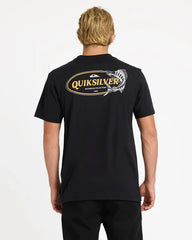 Person wearing a black Quiksilver t-shirt with a logo on the back against a white background