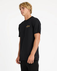Person wearing a black t-shirt with a logo on a white background