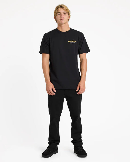 Person wearing a black t-shirt with a logo on a white background