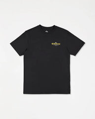 Black t-shirt with a logo on a white background