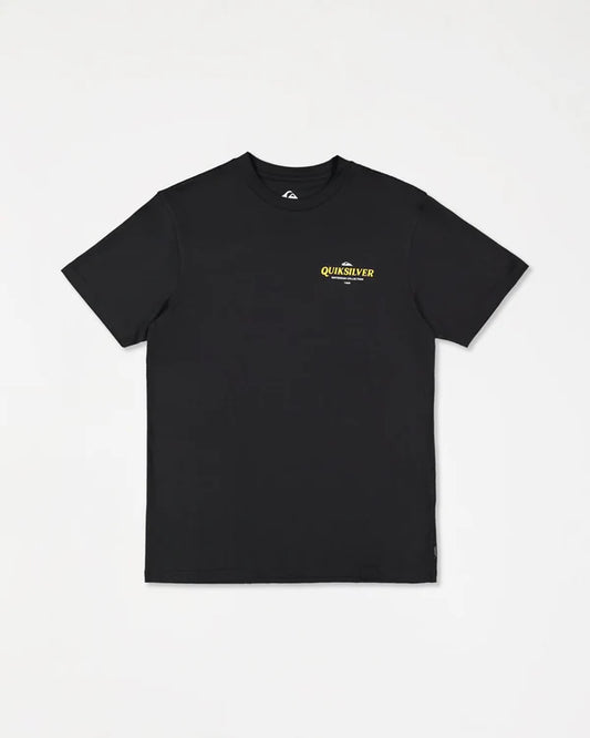 Black t-shirt with a logo on a white background