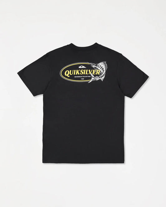 Black t-shirt with Quiksilver logo on a white background