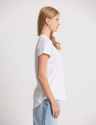 white tee with stella + gemma logo on front