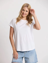 white tee with stella + gemma logo on front