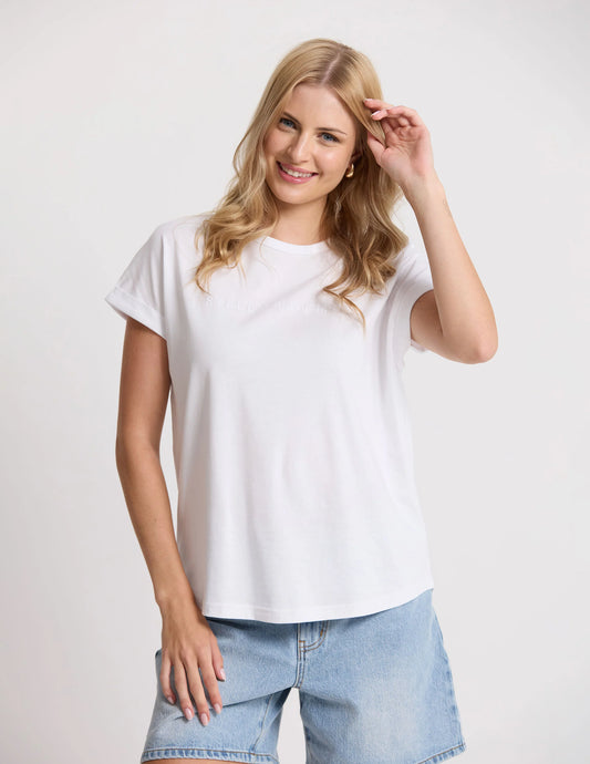 white tee with stella + gemma logo on front