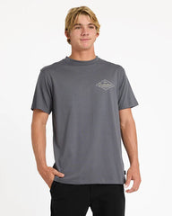 Man wearing a gray t-shirt with a logo on a white background