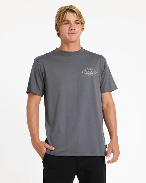 Man wearing a gray t-shirt with a logo on a white background