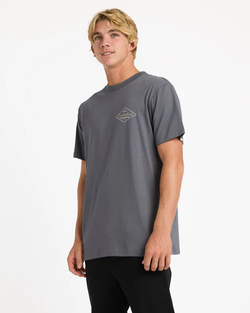 Man wearing a gray t-shirt with a logo on a white background