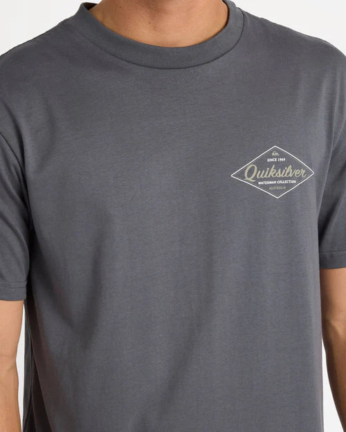 Gray t-shirt with Quiksilver logo on a plain background