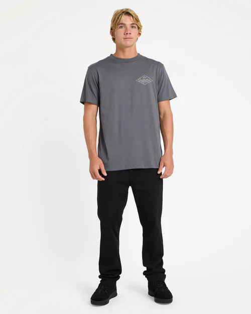 Man wearing a gray t-shirt with a logo on a white background