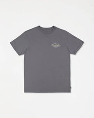 Gray t-shirt with a small logo on a white background
