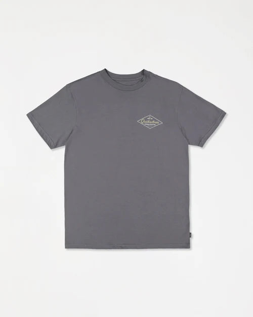 Gray t-shirt with a small logo on a white background