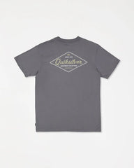 Gray t-shirt with Quiksilver logo on the back against a white background