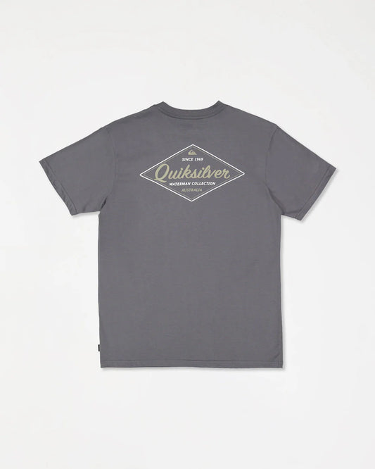 Gray t-shirt with Quiksilver logo on the back against a white background