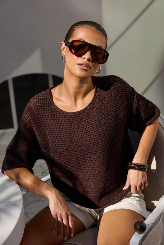 Re:Uniuon Sunrise SS Crochet Knit Top - Chocolate