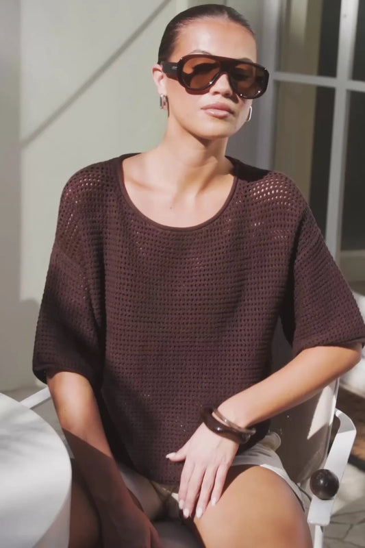 chocolate crochet knit top