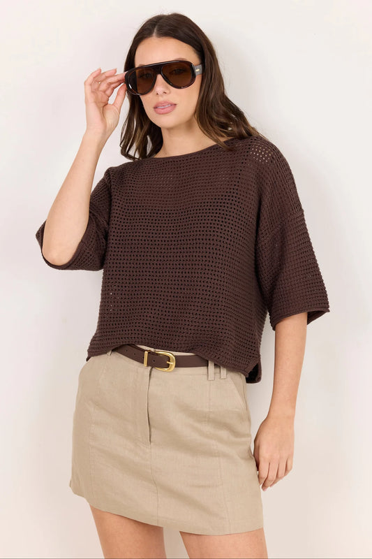 chocolate crochet knit top