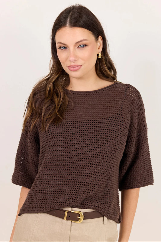 chocolate crochet knit top