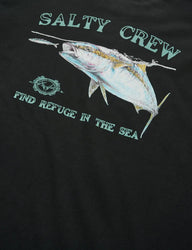 Black t-shirt with Salty Crew graphic of a fish and text on a dark background