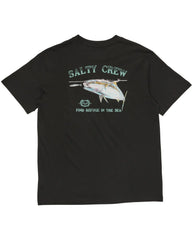 Black t-shirt with Salty Crew logo and fish graphic on a white background
