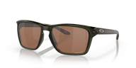 Sunglasses with green frame and brown lenses on a clear background