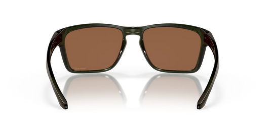 Sunglasses with brown lenses and black frame on a reflective surface