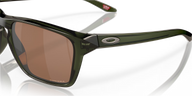 Oakley sunglasses with green frame and brown lenses on a transparent background