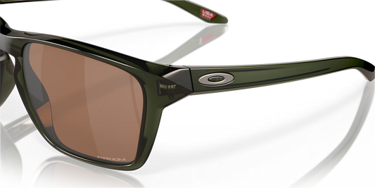 Oakley sunglasses with green frame and brown lenses on a transparent background