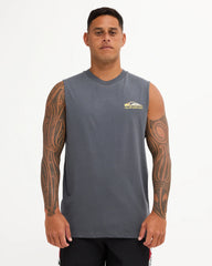 grey muscle tank with chest logo and big back logo