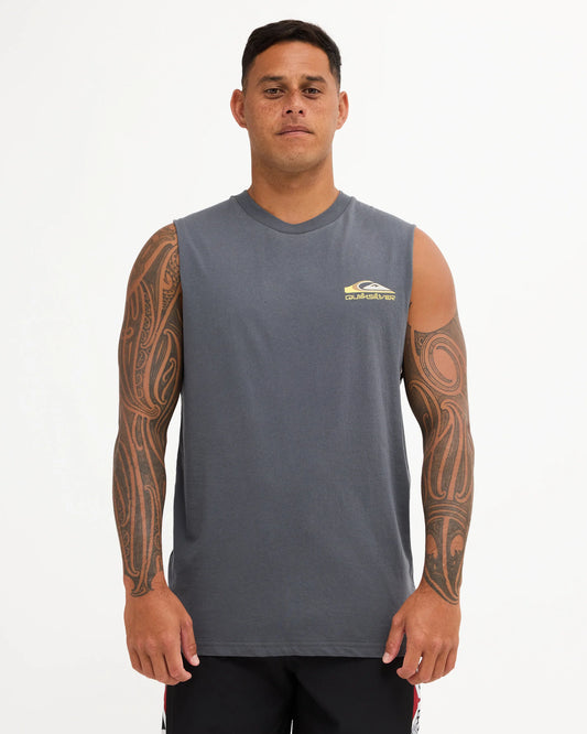 grey muscle tank with chest logo and big back logo