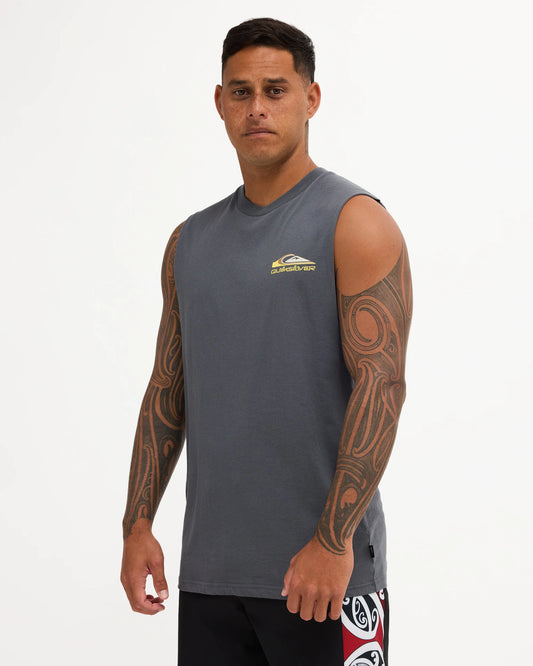 grey muscle tank with chest logo and big back logo