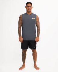 grey muscle tank with chest logo and big back logo