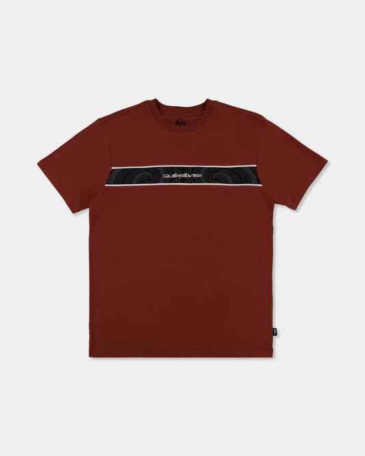 burnt orange tee with logo on chest with pattern 