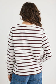 Person wearing a striped long-sleeve shirt and jeans on a white background