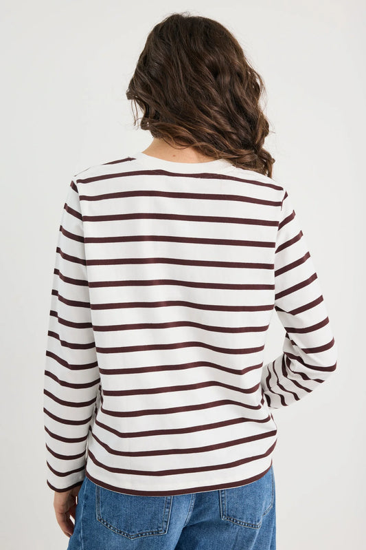 Person wearing a striped long-sleeve shirt and jeans on a white background